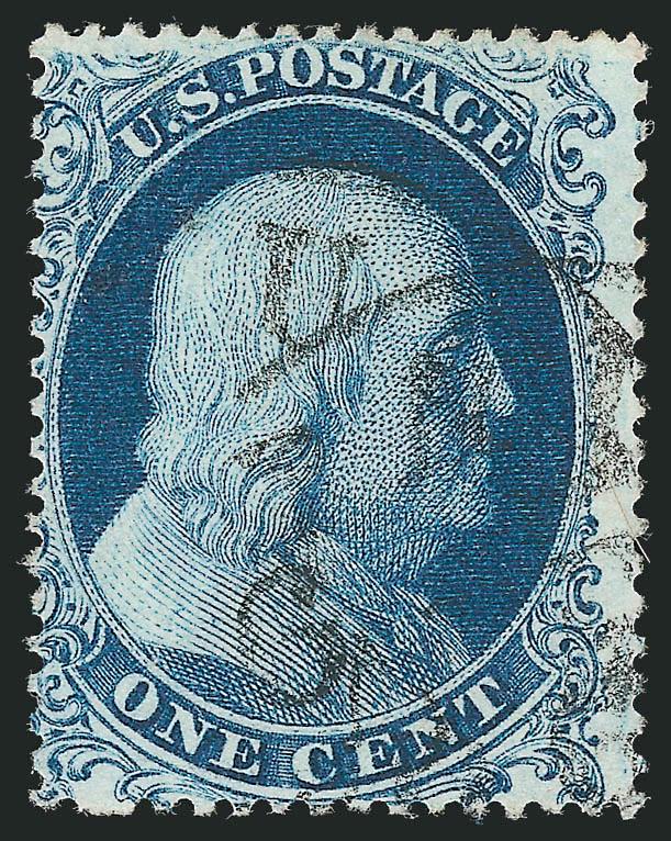 1c Blue, Ty. Ia (19).> Position 94L4, strong color and clear impression, light circular datestamp<><>^A FINE AND ATTRACTIVE USED EXAMPLE OF THE RARE 1857 ONE-CENT TYPE IA PERFORATED.^<><>With 1997 P.F.
certificate