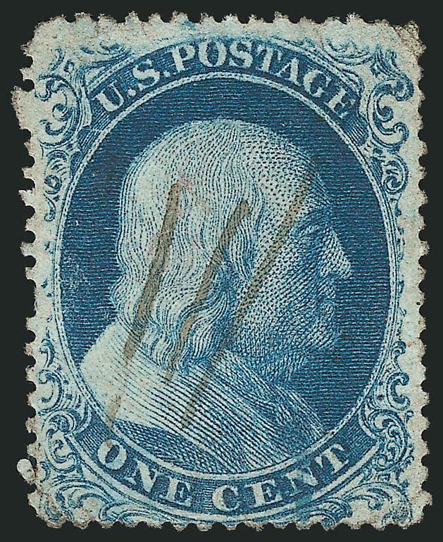 1c Blue, Ty. Ia (19).> Much better than typical centering, three-stroke ms. cancel, short and blind perf at left and small creases at three corners, otherwise Very Fine, with 2007 P.S.E. certificate