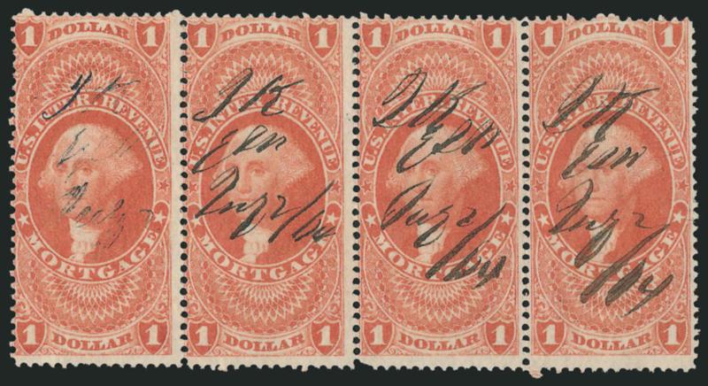 $1.00 Mortgage, Perforated (R73c).> Horizontal strip of four, rich color, 1864 ms. cancels, pos. 3 short perf bottom left, typical Very Good centering, scarce multiple, only four blocks of four and two strips
of five recorded in the Curtis Survey, mo