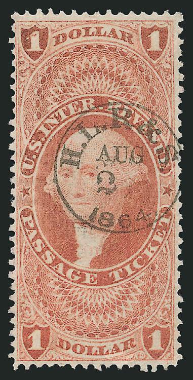 $1.00 Passage Ticket, Perforated (R74c).> Exceptionally well-centered, fresh color and clear H.L.R. & S. AUG 2 1864 handstamp cancel, Very Fine, a difficult First Issue Perforated stamp and about as nice as can
be found