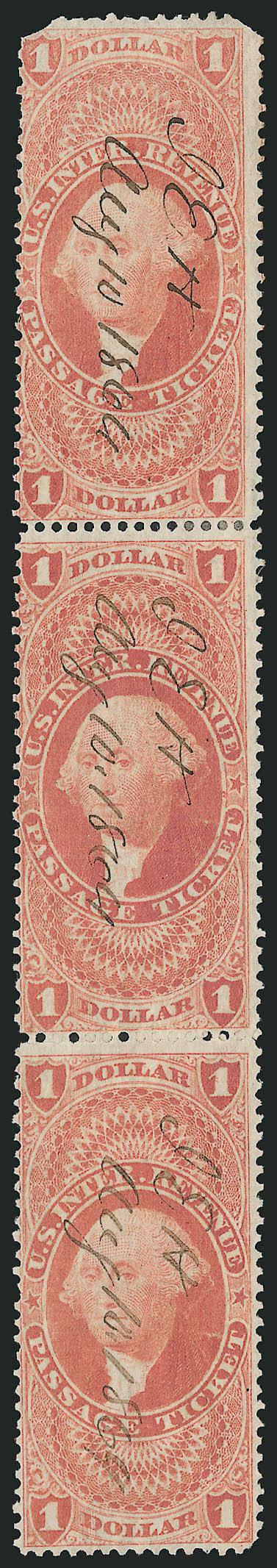 $1.00 Passage Ticket, Perforated (R74c).> Vertical strip of three, Aug. 1864 ms. cancels, top corner perfs faulty and bottom right a tiny bit short, otherwise Very Good-Fine