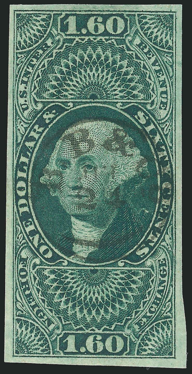$1.60 Foreign Exchange, Imperforate (R79a).> Large margins, deep rich color, neat strike of B B & Co. Jul. 21 circular datestamp, faint horizontal crease at bottom, Very Fine appearance, with 1987 P.F.
certificate