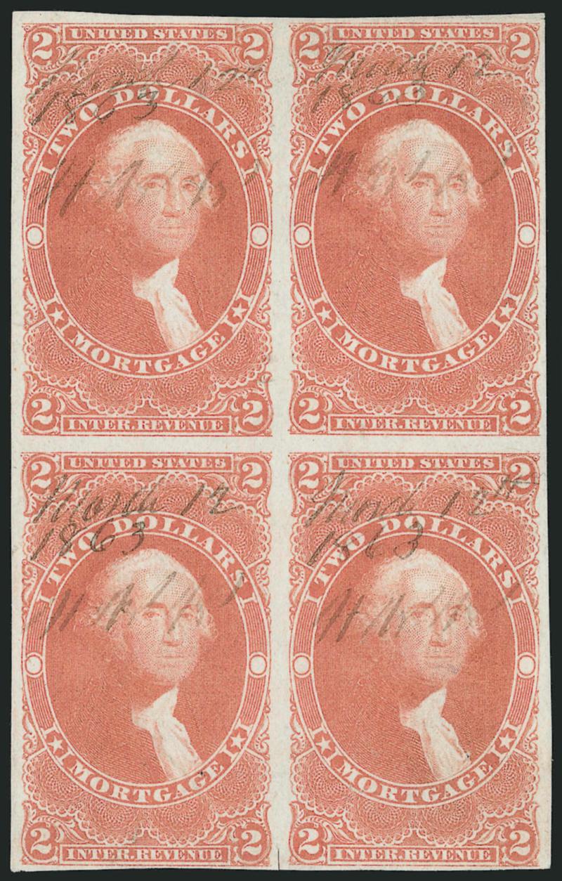 $2.00 Mortgage, Imperforate (R82a).> Block of four, clear to very large margins, attractive color and light March 1863 ms. cancels, small scissors cut between stamps at bottom, few minor light thin spots,
Fine-Very Fine appearance, ex Joyce, block of