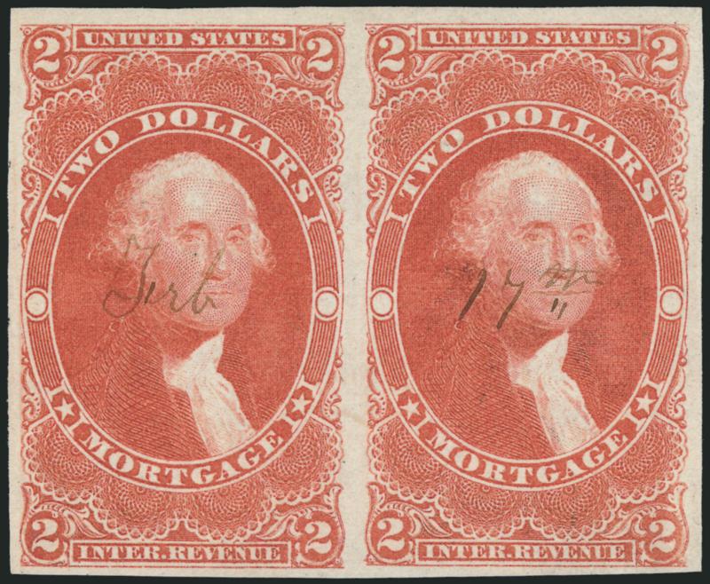 $2.00 Mortgage, Imperforate (R82a).> Horizontal pair, three large to huge margins, ample to large at bottom, magnificent color and fine impression, small light ms. cancel at center of each stamp, Very Fine and
choice