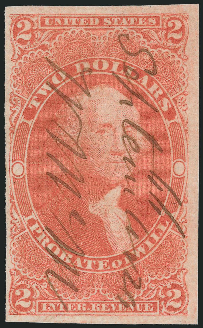 $2.00 Probate of Will, Imperforate (R83a).> Three large to huge margins, ample at left, lovely pastel color, Sept. 20, 1866 ms cancel<><>^VERY FINE. A VERY ATTRACTIVE AND HIGHLY COLLECTIBLE EXAMPLE OF THE $2.00
PROBATE OF WILL IMPERFORATE.^<><>Wi