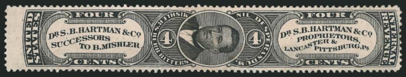 S. B. Hartman & Co., 4c Black, Pink Paper (RS99c).> Light creases and small tear right, Fine appearance, despite the faults, this has to be one of the better quality surviving examples of this rare M & M