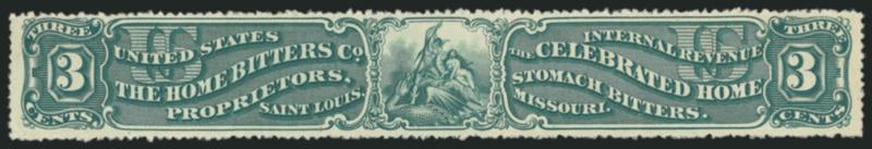 The Home Bitters Co., 3c Green, Silk and Watermarked Papers (RS129b, RS129d).> Well-centered, strong color, trifling flaws which are virtually unavoidable on these larger strip stamps, otherwise Very
Fine
