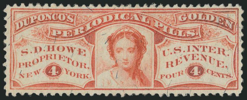 S. D. Howe, 4c Red, Silk Paper (RS135b).> Wonderfully well-centered, attractive color, Extremely Fine, a magnificent example of this very scarce M & M