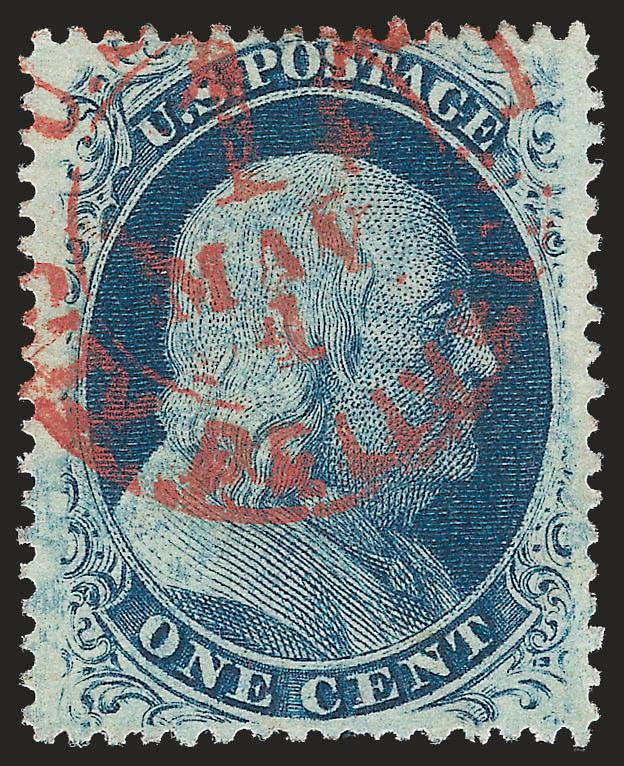 1c Blue, Ty. V (24).> Wide side margins, deep color complemented by bright <red New York Carrier double-circle datestamp,> Extremely Fine, with 2008 P.S.E. certificate (VF-XF 85 SMQ $75.00 with normal
cancel)