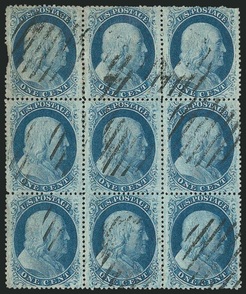 1c Blue, Ty. V (24).> Block of nine, wonderfully well-centered, black rimless grid cancels, edge faults of varying degrees affect five stamps, the bottom right block of four (Pos. 5-68-9) about as well-centered
as can be found and Extremely Fine, Sc