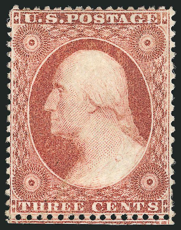 3c Rose, Ty. I (25).> Original gum, rich color, detailed impression showing the beautifully detailed lathework, well-balanced margins for this difficult issue, completely intact perforations at bottom incl. part
of adjoining stamp<><>^EXTREMELY FIN