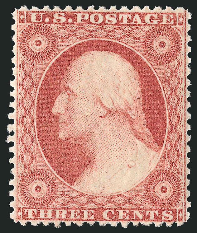 3c Red, Ty. III (26).> Mint N.H., marvelous centering for this tightly-spaced 1857 Issue value, incredibly beautiful strong color, fresh, Extremely Fine, with 1982 A.P.S. and 2005 P.S.E. certificates (VF-XF 85
SMQ $340.00), conservatively graded in