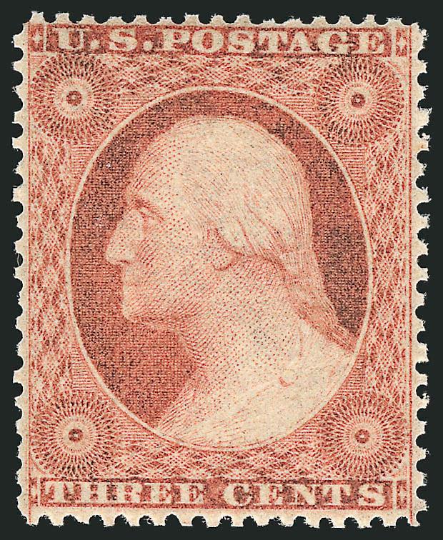 3c Dull Red, Ty. III (26). Mint N.H.,> exceptionally well-centered with margins clear of the design all around, nice color, Very Fine and choice, with 2002 P.F. certificate, Scott Retail as hinged