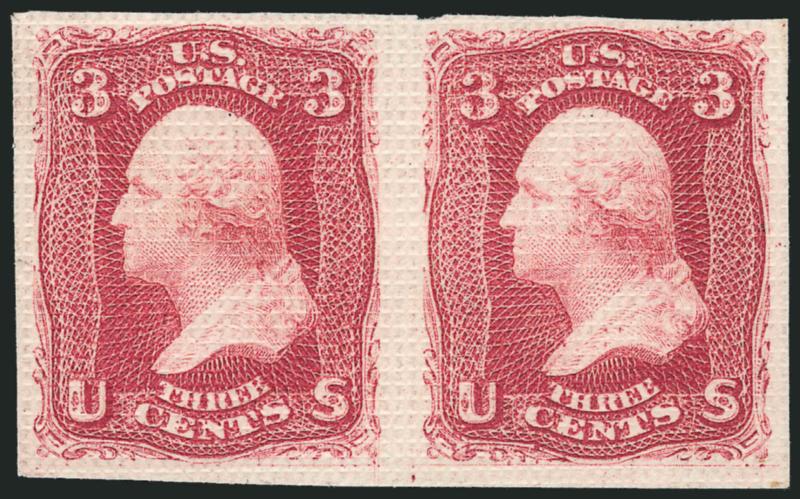 3c Rose, All-Over Grill Essay, Points Up, Imperforate (79-E15c, formerly 66aP4).> Horizontal pair, large margins to full, deep rich color, unused (no gum), deep rich color, clear grill points, tiny nick in margin
at top, Very Fine