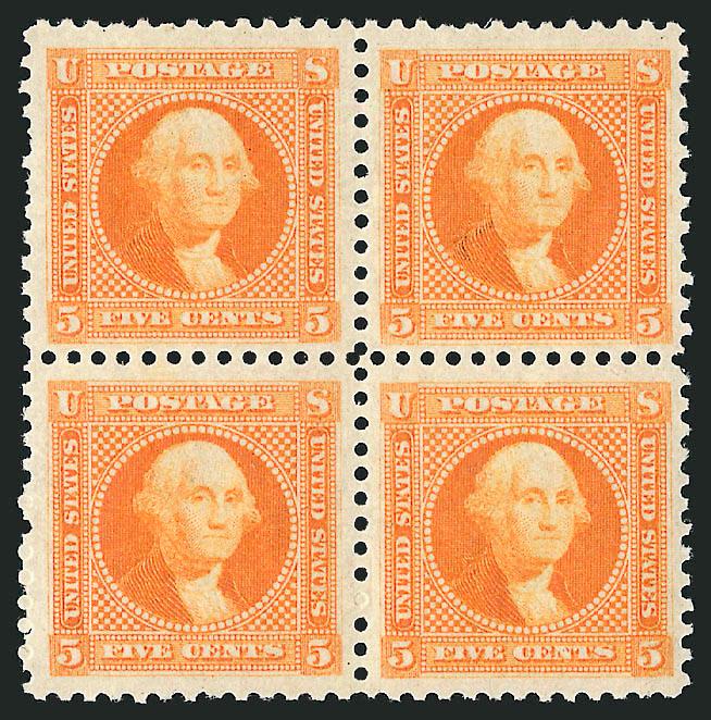 5c Washington, Small Lettering, Plate Essay on Wove, Perforated 12 (115-E2d).> Block of four in Orange, singles in Orange and Blue, original gum, bright colors, Fine-Very Fine, Scott Retail as singles