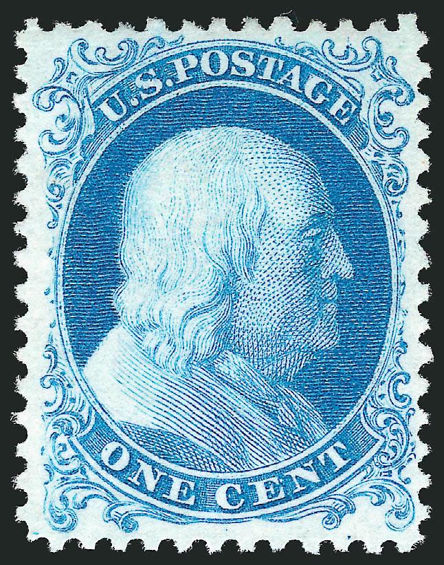 1c Bright Blue, Reprint (40).> Without gum as issued, exceptionally well-centered, lovely color on crisp paper, Very Fine and choice, with 2001 P.F. and 2006 P.S.E. certificates (XF 90 SMQ $1,050.00)