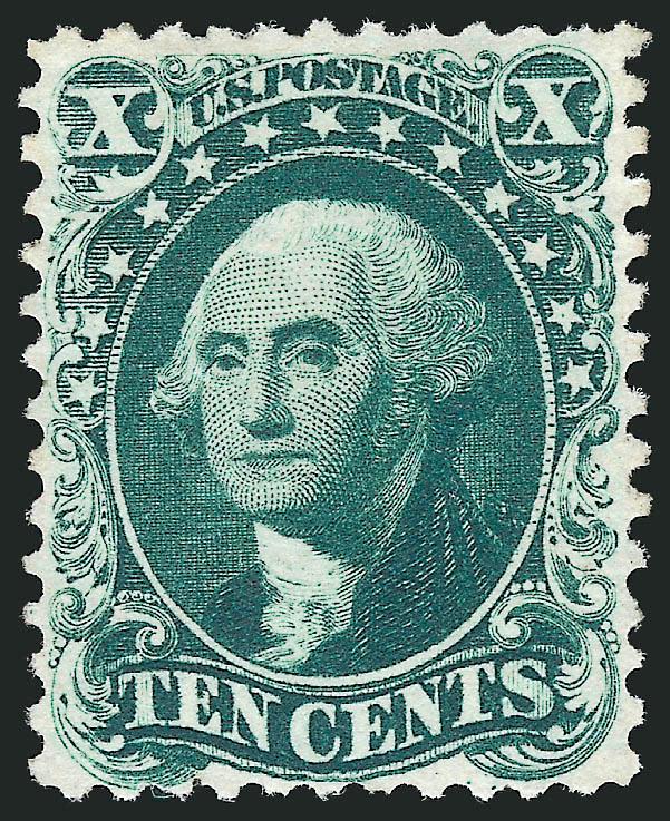 10c Blue Green, Reprint (43).> Without gum as issued, unusually precise centering, dark rich color and proof-like impression, tiny natural inclusion at bottom<><>^EXTREMELY FINE. A BEAUTIFUL EXAMPLE OF THE
10-CENT 1857 REPRINT.^<><>Only 516 sold.