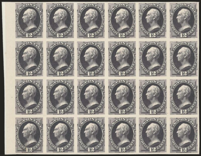 12c Blackish Violet, Plate Proof on India (162P3).> Block of 24, large margins incl. <sheet margin at left,> mounted on card, deep rich color, Very Fine and choice large multiple, Scott Retail as six blocks of
four
