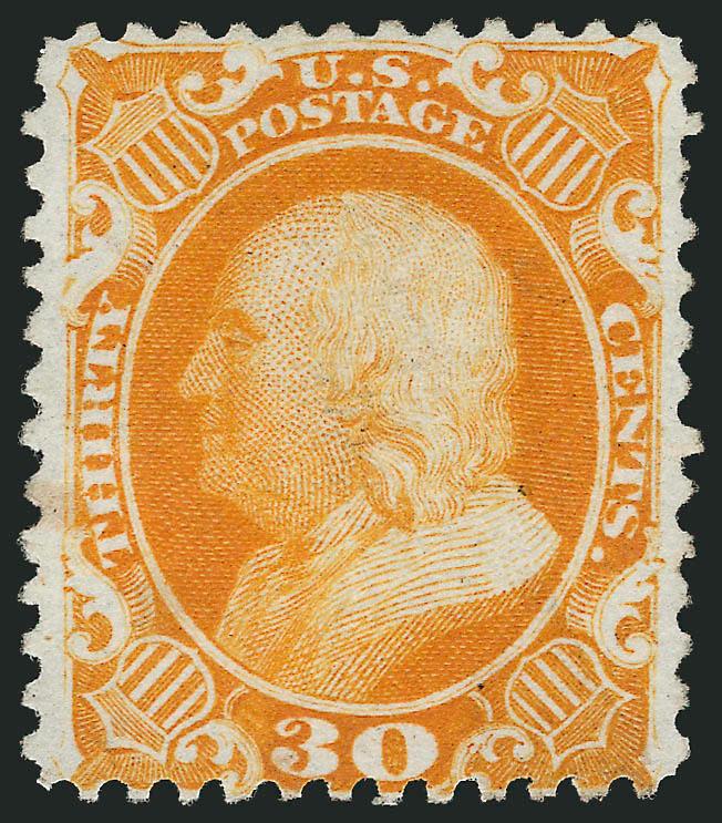 30c Yellow Orange, Reprint (46).> Without gum as issued, wide side margins and excellent glowing color, single nibbed perf at right and trivial light toning spot at bottom left, otherwise Fine, only 480
sold