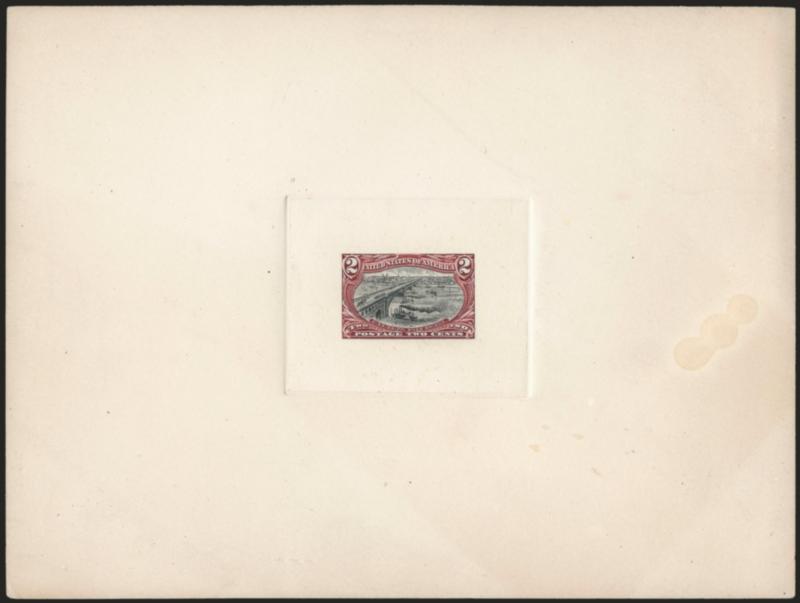 2c Dark Red & Black, Large Die Essay on India (286-E8).> On 200 x 151mm card with full die sinkage, detailed impressions, card with some staining at right, otherwise Very Fine