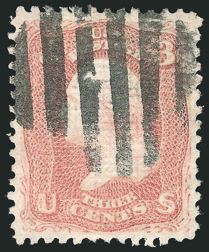 3c Rose, D. Grill (85).> Incredibly well-centered for this scarce grill, bright color, bold large unframed grid cancel<><>^EXTREMELY FINE. A TRULY OUTSTANDING USED EXAMPLE OF THE 1868 3-CENT D GRILL.^<><>With
2008 P.S.E. certificate