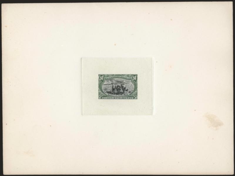 50c Green & Black, Large Die Essay on India (291-E8).> On 201 x 151mm card with full die sinkage, rich colors, few small toned spots, otherwise Very Fine, scarce