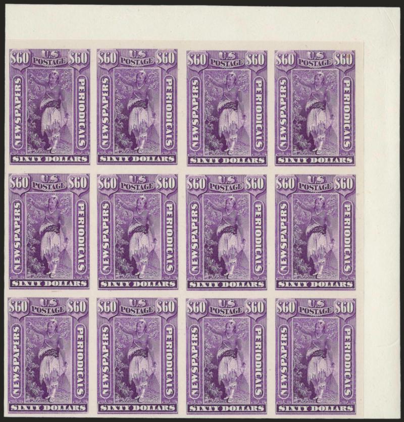 1c-$60.00 Newspapers, Plate Proofs on India (PR9P3-PR23P3, PR26P3-PR32P3, PR81P3).> Blocks of twelve, on card and so free from the usual defects which can plague this fragile paper, large margins, Very Fine and
choice, a scarce and desirable group of
