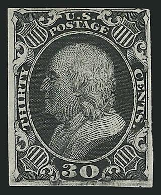 30c Black, Trial Color Plate Proof on Wove (38TC5).> Full margins to just touched, deep shade, Fine