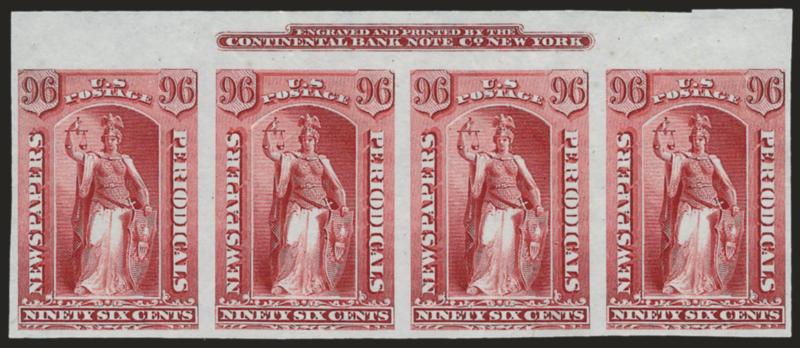 24c-96c Carmine, Newspapers, Plate Proofs on India (PR83P3-PR89P3).> Matched top imprint strips of four, large margins, deep rich colors, few minor flaws as often associated with this fragile paper, Very Fine and
choice, Scott Retail as singles