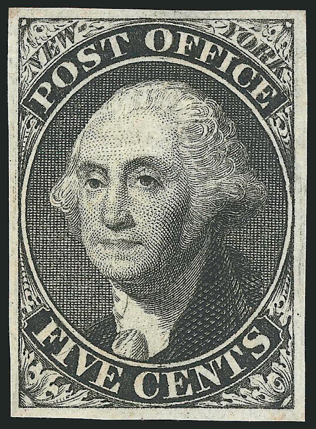 New York N.Y., 5c Black, Without Signature (9X1e).> Unused (no gum), large even margins, gorgeous early impression and deep shade<><>^EXTREMELY FINE GEM. A MAGNIFICENT UNUSED EXAMPLE OF THE 5-CENT NEW YORK
POSTMASTERS PROVISIONAL STAMP WITHOUT SIG