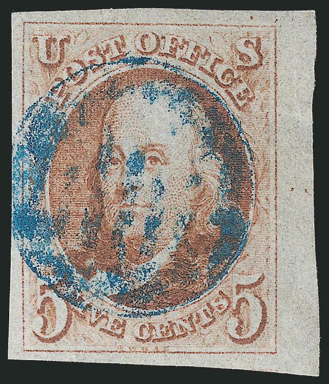 5c Orange Brown (1b).> Huge margins incl. <sheet margin> at right, brilliant color nicely complemented by <blue grid> cancel, Extremely Fine, a beautiful stamp, with 2007 P.S.E. certificate (XF 90 SMQ
$1,350.00)