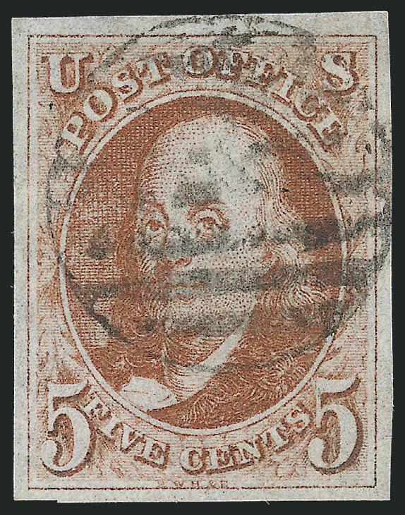 5c Orange Brown (1b).> Large even margins, rich color, well-struck <black grid> cancel, Extremely Fine, exceedingly rare and desirable with the black grid cancel, with 2005 and 2007 P.F. certificates (XF 90 SMQ
$1,350.00)