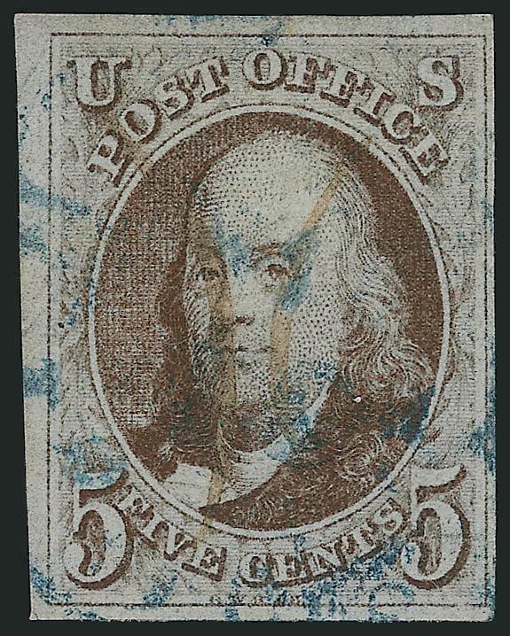 5c Red Brown (1).> Large margins to ample at right, rich color, pen and blue circular datestamp cancels, small sealed tear at bottom right, appears Very Fine