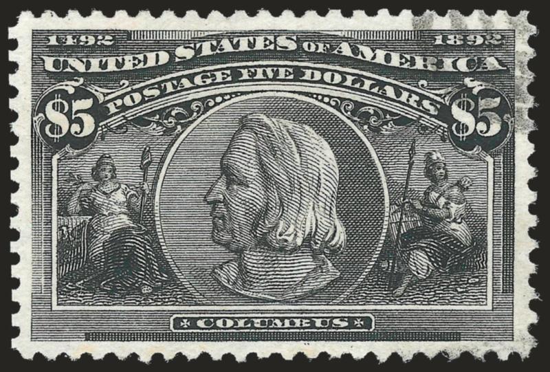 $5.00 Columbian (245).> Intense shade and impression on bright paper, gorgeous centering with well-balanced margins, unobtrusive strike of target cancel at top right<><>^EXTREMELY FINE. A BEAUTIFUL USED EXAMPLE
OF THE $5.00 COLUMBIAN ISSUE.^<><>W