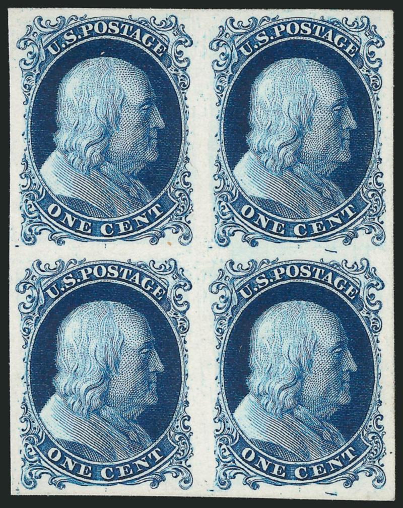 1c Blue, Atlanta Trial Color Proof (40TC).> Block of four, large margins all around, rich color, Very Fine and choice, scarce multiple, Scott Retail as singles
