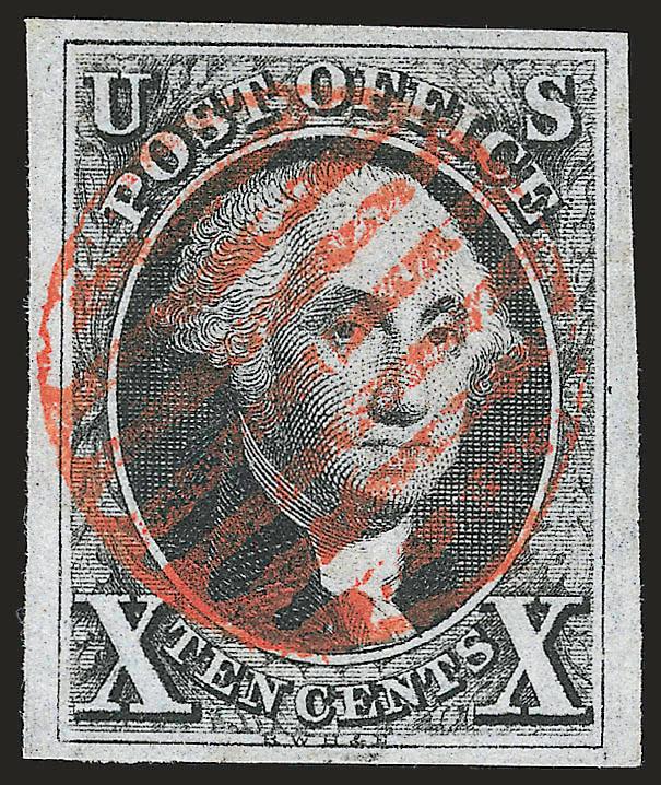 10c Black (2).> Position 9R, huge margins, fine impression on lightly blued paper, nicely contrasted by bold red grid cancel<><>^EXTREMELY FINE GEM. A GORGEOUS USED EXAMPLE OF THE 10-CENT 1847 ISSUE.^<><>Ex Col.
Green, Mayer and Grunin. With 2000
