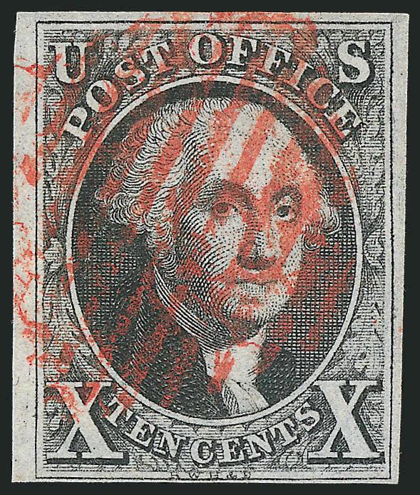10c Black (2).> Large margins to clear, bright shade and detailed impression nicely contrasted by red New York square grid cancel, fresh and Fine, small backstamp
