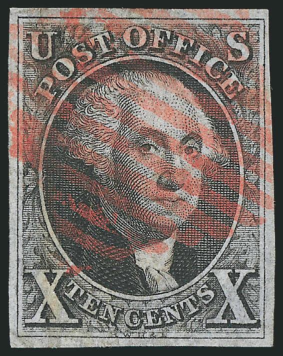 10c Black (2).> Full margins all around, red grid cancel, vertical crease at left and thin at right, Very Fine appearance, with 2001 P.S.E. certificate