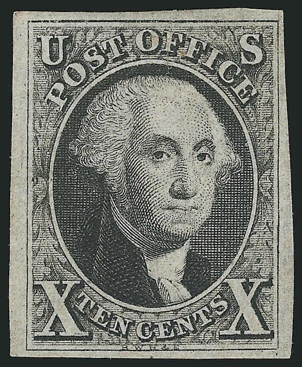 10c Black (2).> Large margins, cancel removed (regummed), closed tear at top, attractive Extremely Fine unused appearing 10c 1847