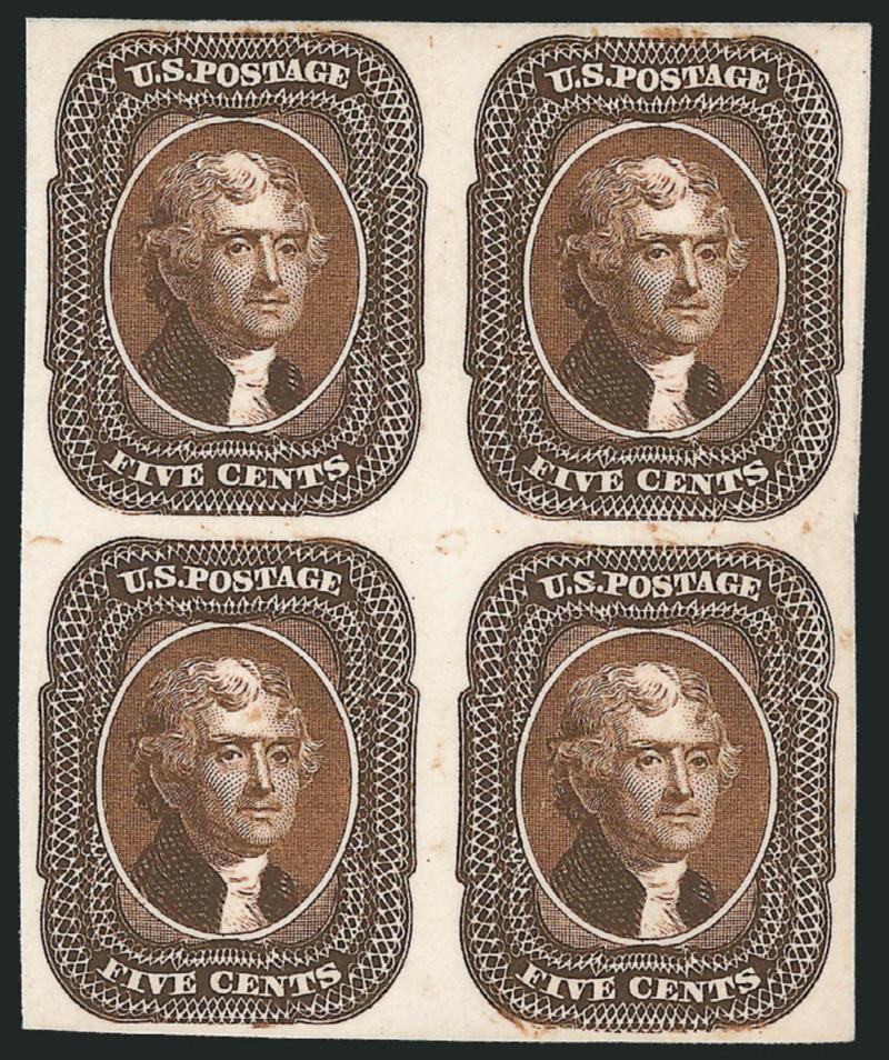 5c Brown, Atlanta Trial Color Proof (42TC).> Block of four, bright color, Very Fine and choice, scarce multiple, Scott Retail as singles
