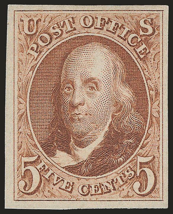 5c Red Brown, Reproduction (3).> Without gum as issued, large to huge margins, sharp impression, small central thin spot, Extremely Fine appearance