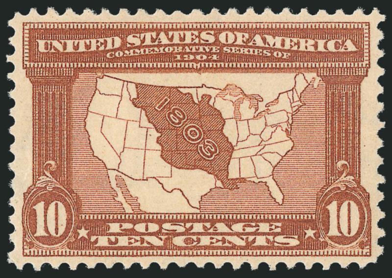 10c Louisiana Purchase (327).> Lightly hinged, rich color, gorgeous centering, Extremely Fine Gem, a beautiful stamp, with 2008 P.S.E. certificate (XF-Superb 95 SMQ $460.00)