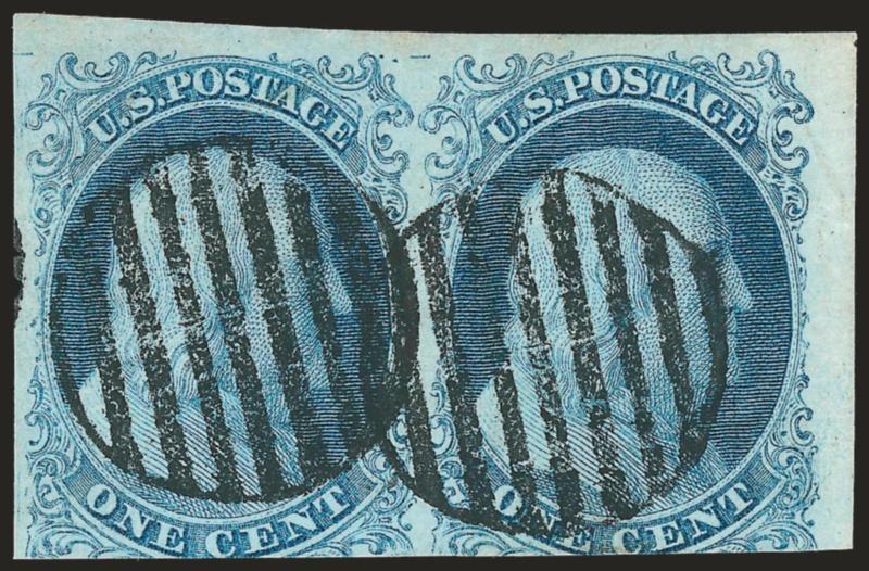 1c Blue, Ty. Ib-II (5A-7).> Positions 9-10R1E, horizontal combination pair with substantial portion of top right corner sheet margins helping to compensate for cut-into bottom, lovely Plate One Early shade and
impression, bold grid cancels<><>^A RA