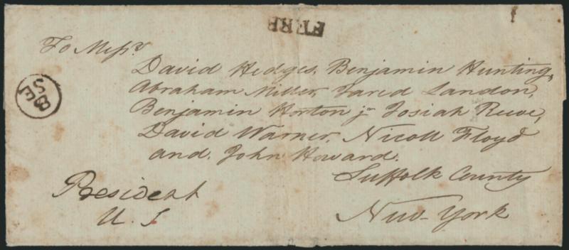 George Washington.> Free frank <<President U.S.>> <as President> on large-size folded cover to <<Messrs. David Hodges, Benjamin Hunting, Abraham Miller, Jared London, David Warner, Nicoll Floyd and John Howard,
Suffolk County, New-York,>> brownis