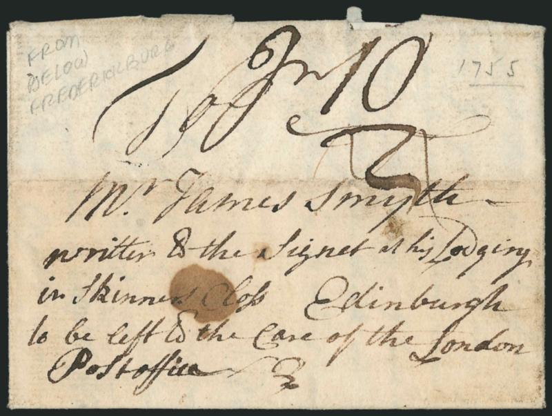 (Fredericksburg Va., 1755) from Rappannack River some miles below Fredericksburgh in Virginia.> Folded letter with origin stated in content and datelined <<Virginia, Febry 10th 1755>> from David Ogilvy to James
Smyth in Edinburgh <<care of the L