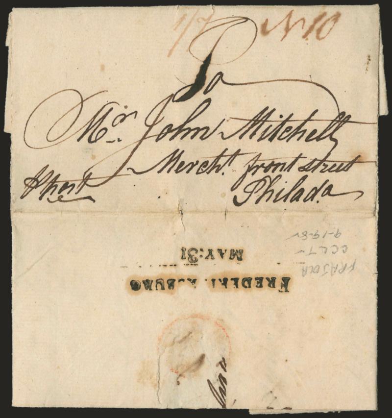 (Port Royal Va., 1775) FREDERICKSBURGHMAY:31.> Straightline handstamp (town and date struck separately) on backflap  of folded letter datelined <<Port Royal May 27th 1775>> from R. Johnston to John Mitchell on
Front Street in Philadelphia, reddi