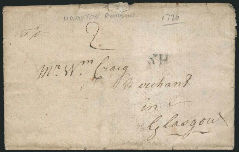 (Hampton Roads Va., 1776) British Soldier Writing Home to Scotland.> Folded letter datelined <<Hampton Road Febr. 22nd 1776>> from F. Kennedy, a British soldier, writing to his father in Glasgow, Scotland,
letter mentions Lord Dunmore and predicts