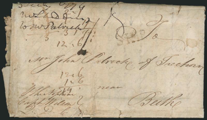 (Virginia, 1776) Virginia, 6 July 1776.> Receipt docketing on folded letter written <two days after Declaration of Independence> from William Shedden to John Patrick in Scotland, senders routing <<p. the
Neptune, Capt. Wilson, Q.D.C.,>> ^SHIP^