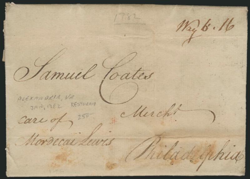 (Alexandria Va., 1782) Way 6.16.> Manuscript way rate per Resolution of Oct. 19, 1781, which restored the Sep. 1775 rates effective Jan. 1, 1772, on folded letter datelined <<Alexandria January 9th 1782>> to
Samuel Coates in Philadelphia, minor s