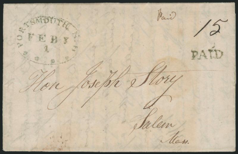 Portsmouth N.H. Feby. 1 (1815).> Dark green oval datestamp and matching Paid with ms. 15 <applied on the first day of the 1815 War Rate> on folded letter to Salem Mass., Extremely Fine, the 50% surcharge was
enacted to raise money to finance the